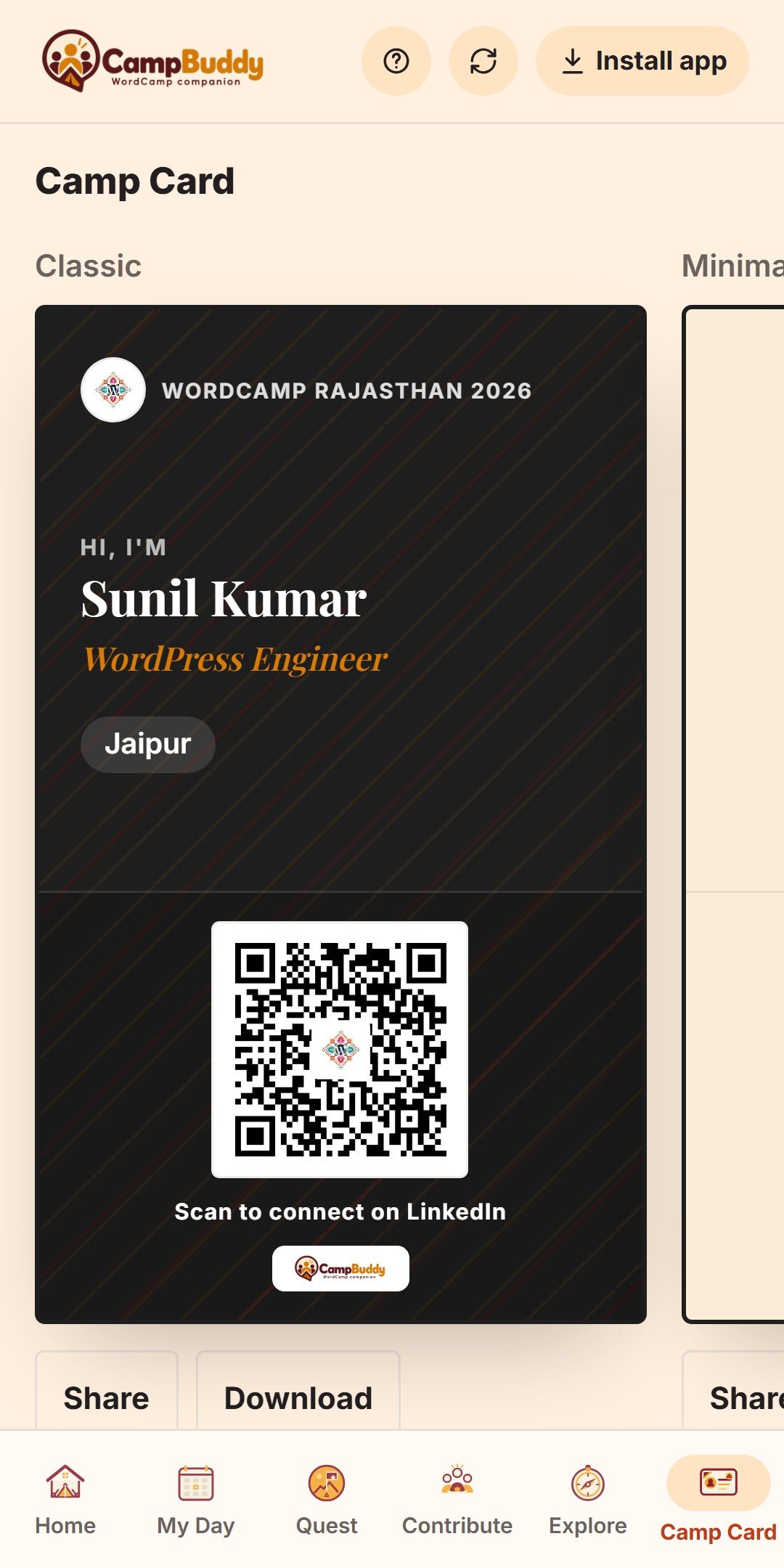Your Camp Card: people scan the QR code and land on your LinkedIn.